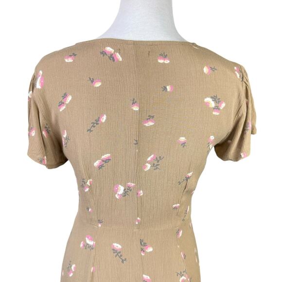 Amuse Society Yours to Keep Tan Light Brown Floral Crinkle Button Up Mini Dress - Picture 8 of 12